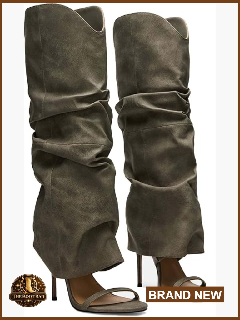 Knee High Slouchy Boots Open Toe Stiletto Heel Pull On Fashion Heeled Boots